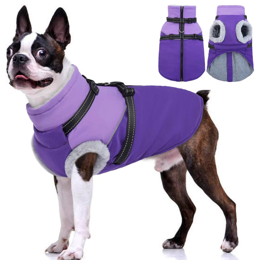 Cozy Waterproof Dog Jacket – Built-In Harness & Fleece Lining